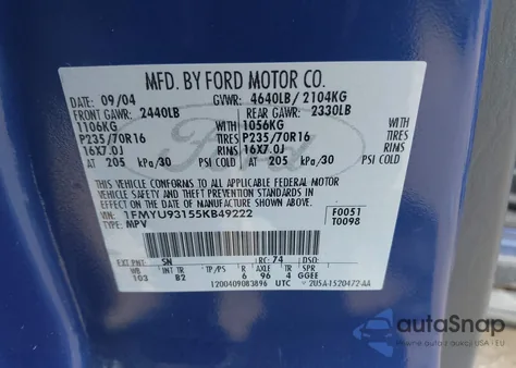 2005 Ford Escape Xlt z USA, uszkodzony, nr VIN 1FMYU93155KB49222